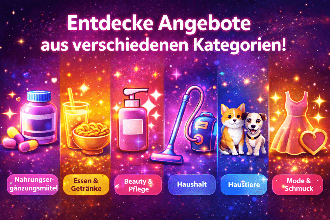 Buntes Titelbild mit Symbolen für Influencer Rabattcodes aus den Kategorien Nahrungsergänzungsmittel, Essen & Getränke, Beauty & Pflege, Haushalt, Haustiere sowie Mode & Schmuck
