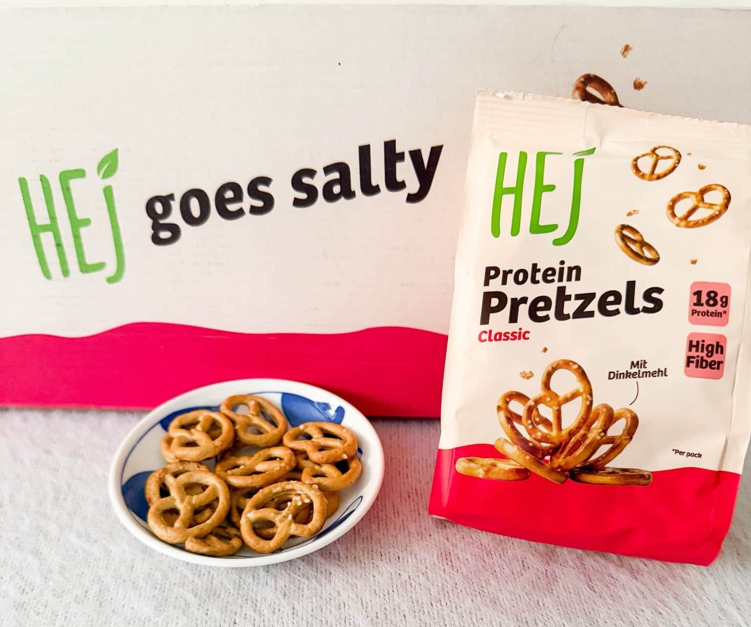 HEJ Protein Pretzels Verpackung HEJ Protein Pretzels in der Originalverpackung.