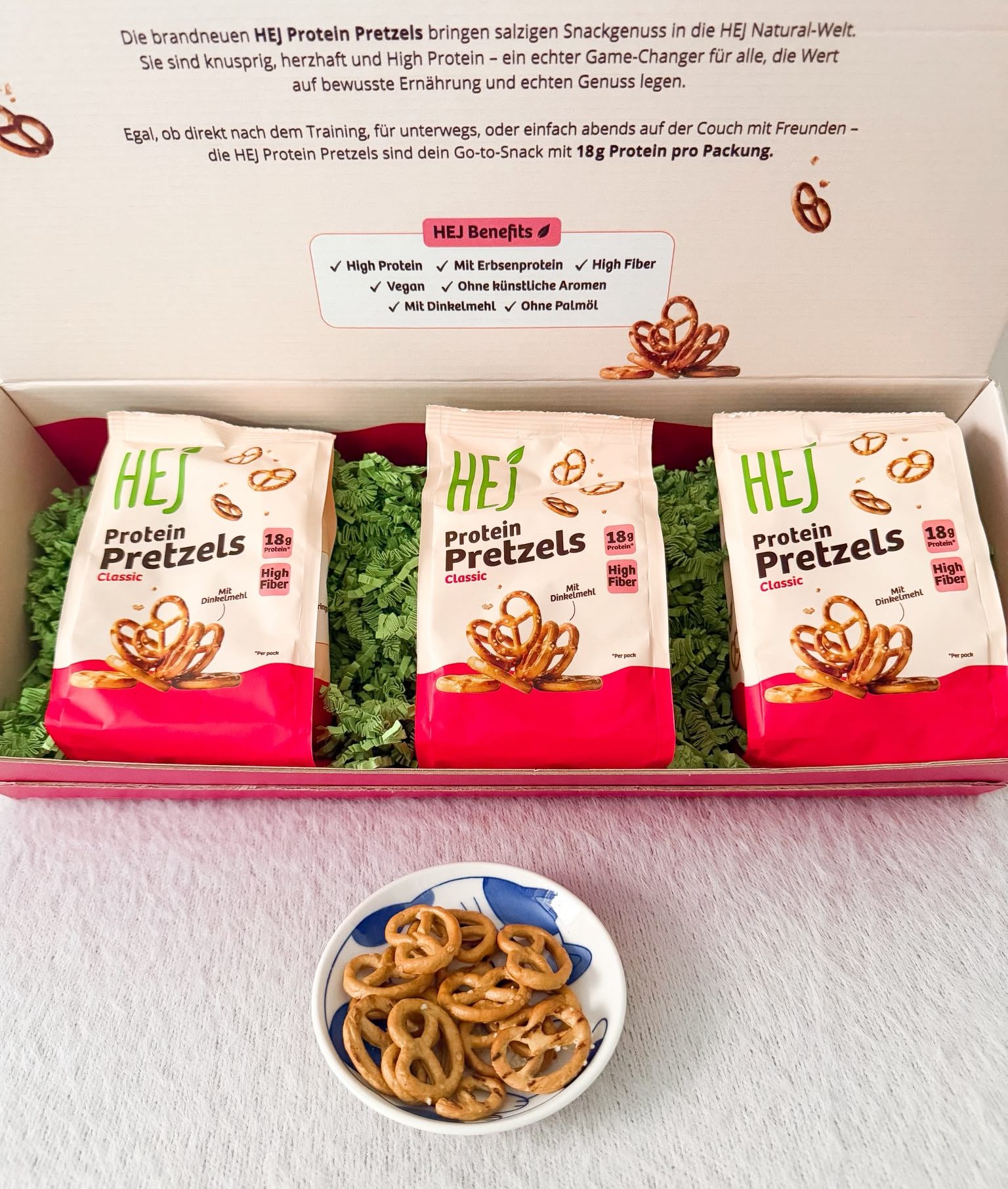 HEJ Protein Pretzels als Snack HEJ Protein Pretzels als herzhafter Snack für unterwegs.