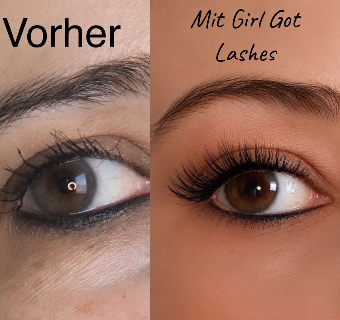 pre-glued-lashes-vorher-nachher Vergleich des natürlichen Wimpernlooks vor und nach dem Anbringen der selbstklebenden Pre-Glued Lashes.