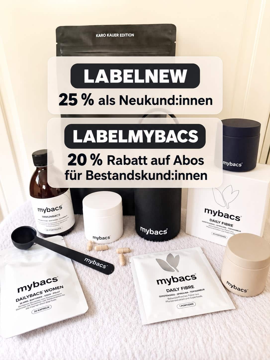 mybacs-rabattcode-labelnew-labelmybacs-produktbild MYBACS Produktbild mit Rabattcode LABELNEW für 25 % Neukund:innen und LABELMYBACS für 20 % Rabatt auf Abos für Bestandskund:innen.